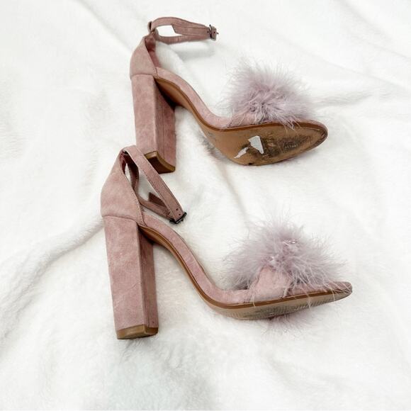 Steve Madden Carabu pink suede leather feather heels size 5.5 peep toe - Picture 6 of 8